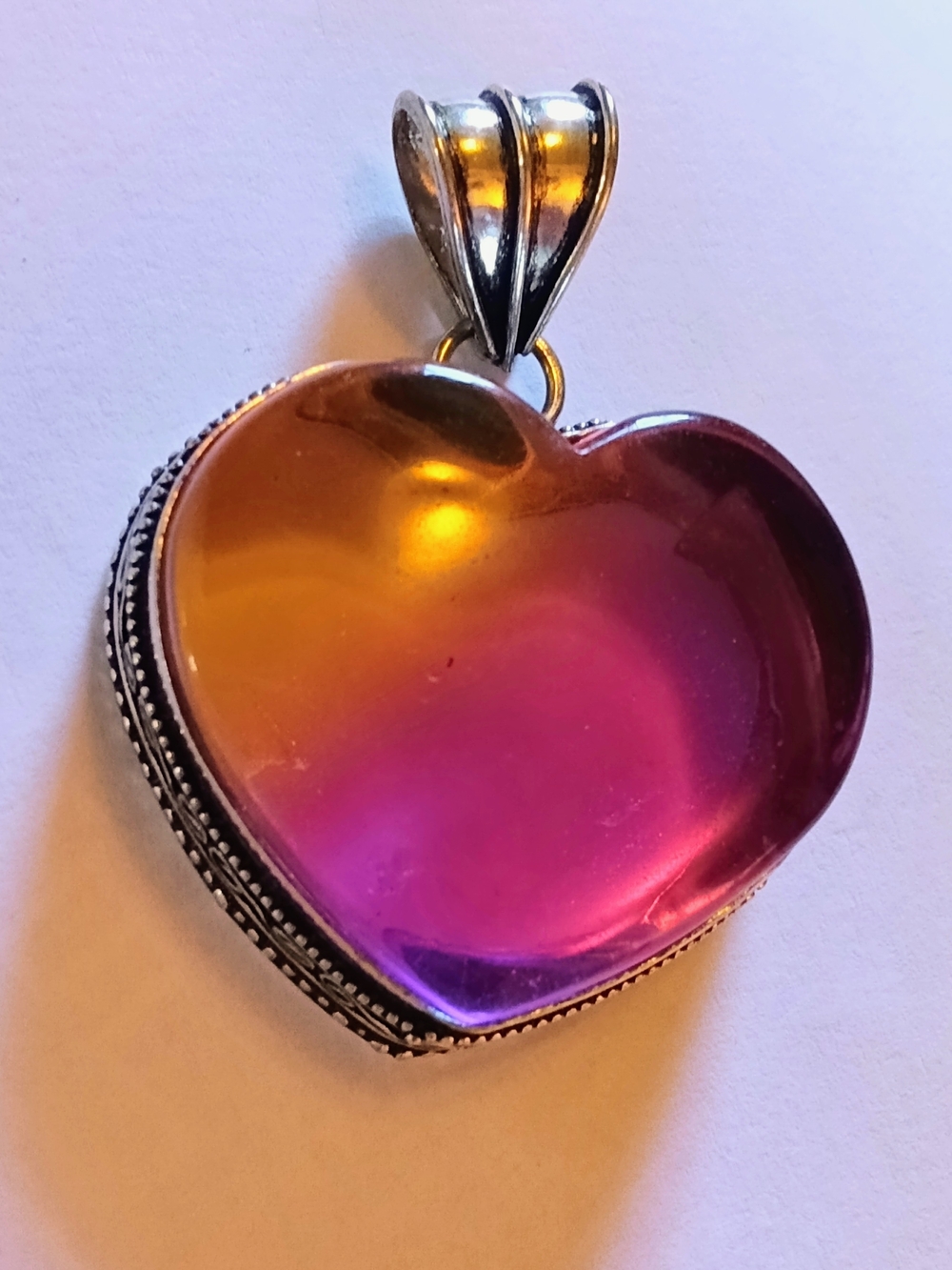 Sterling Silver Heart Pendant Necklace with Gradient Pink and Gold Glass